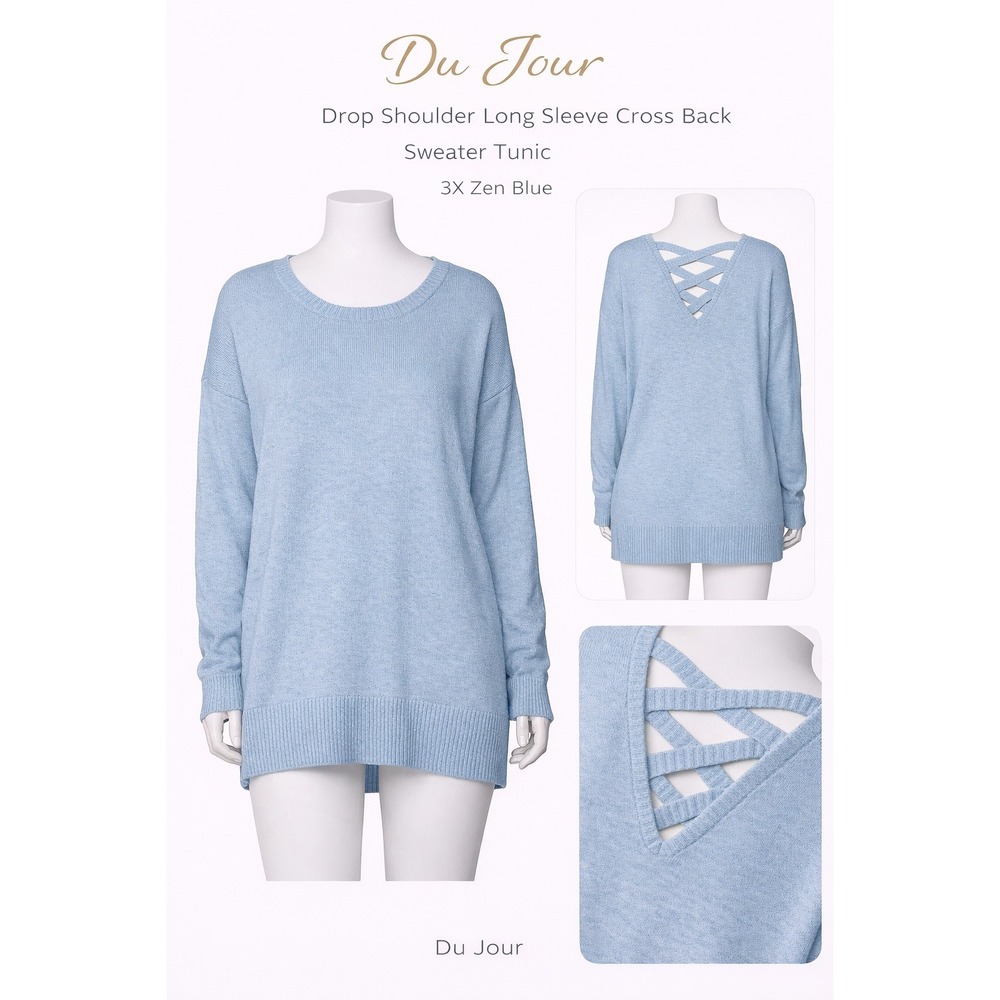 Du Jour Zen Blue Drop Shoulder Cross Back Sweater Tunic 3X Long Sleeve Cotton